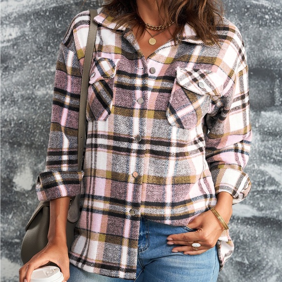 PLAID BUTTON FRONT SHIRT JACKET BREAST POCKETS - Picture 4 of 4